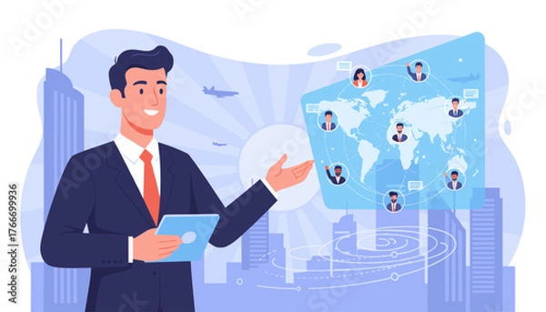 Fototapeta Dynamic illustration of a businessman in a suit interacting with a holographic global network interface, showcasing international connections and business expansion, with cityscapes and airplanes in