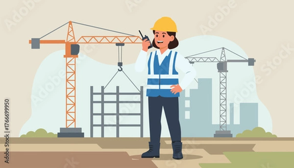 Fototapeta A smiling female engineer in a yellow hard hat and blue safety vest communicates using a walkie-talkie on a bustling construction site with cranes and building structures, symbolizing progress and