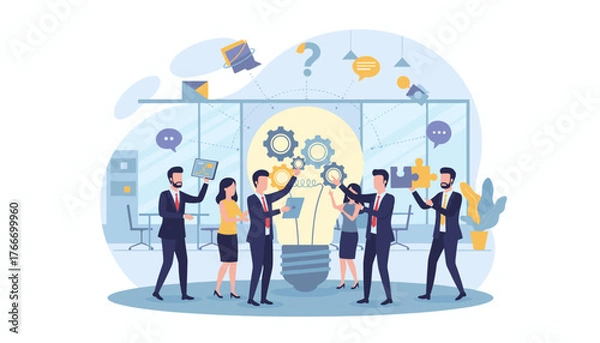 Fototapeta Diverse team of professionals collaborating around a giant glowing lightbulb symbolizing a brilliant idea, with gears turning and puzzle pieces fitting together, representing innovation, teamwork