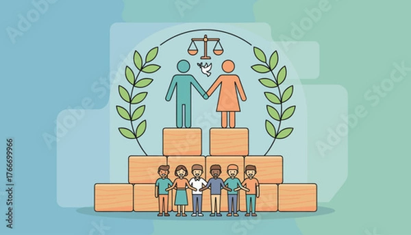 Fototapeta Symbolic illustration of gender equality and social justice, featuring diverse people standing on wooden blocks, a couple holding hands under scales of justice and a dove of peace, symbolizing