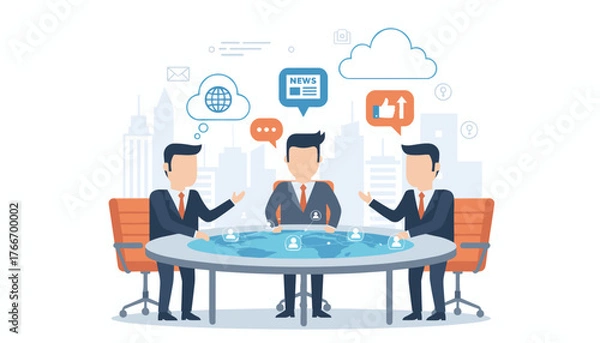 Fototapeta Flat design illustration of businessmen in a meeting discussing social network news and global connections, with icons representing communication, cloud technology, and social media engagement, set