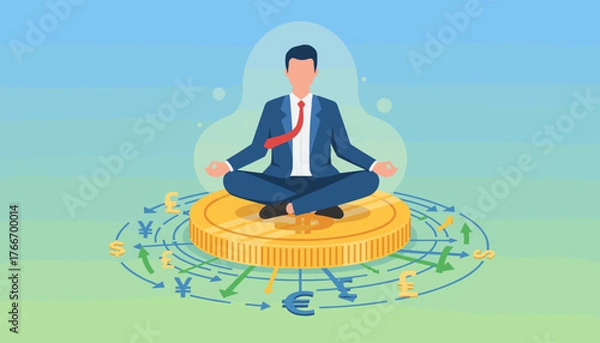 Fototapeta Calm businessman in lotus pose meditating on a giant gold coin, surrounded by currency symbols and arrows indicating financial flow, representing financial wisdom, investment strategy, and economic