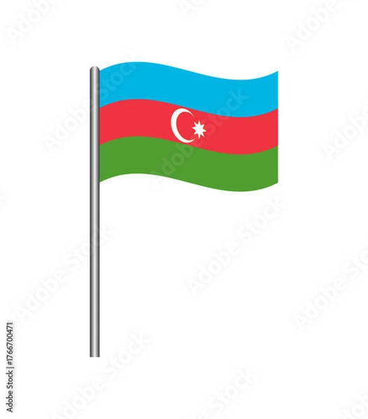 Fototapeta Vector illustration of the Azerbaijan flag waving on a flagpole, isolated on white background. Perfect for design, educational, and patriotic projects