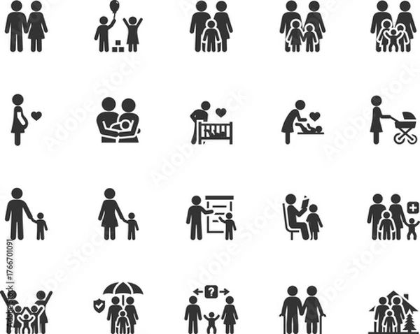 Fototapeta Vector set of family flat icons. Contains icons mother, father, pregnancy, children, upbringing, child care, custody, adoption and more. Pixel perfect.
