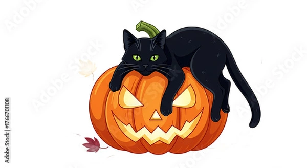 Fototapeta Adorable black cat resting on glowing Jack O Lantern Halloween pumpkin cartoon vector illustration.