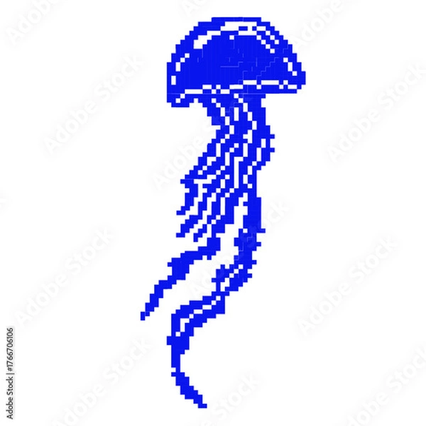 Fototapeta 8 bit jellyfish icon. Underwater world. Pixel art object. Old school vintage game graphic. Vector stock illustration. isolated on a white background.