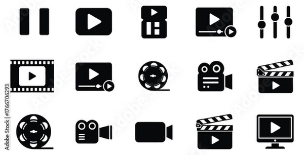 Obraz Collection of black and white film and video icons representing movie production tools