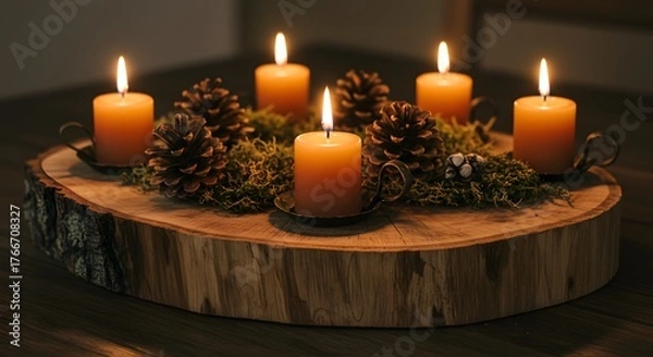 Fototapeta Lit candles and pine cones on wooden slab centerpiece display