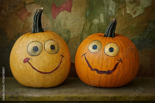 Obraz Smiling Cartoon Pumpkins on Rustic Surface – Whimsical Autumn Pair.