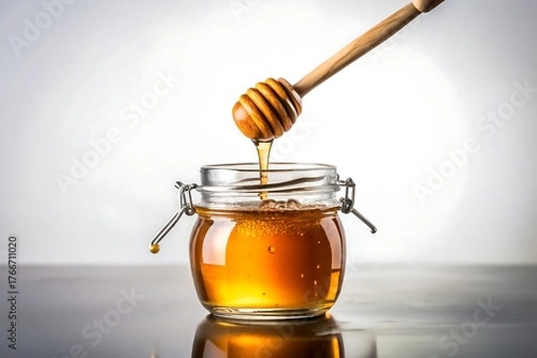 Obraz Honey dripping from wooden dipper into glass jar on dark reflective surface