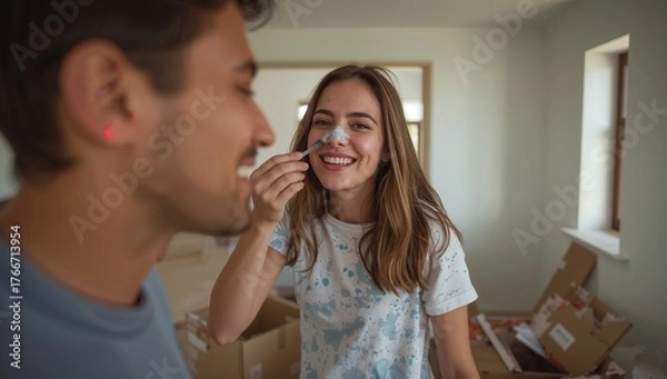 Obraz Holding paintbrush to man's nose woman painting inside moving room, with boxes, packing materials