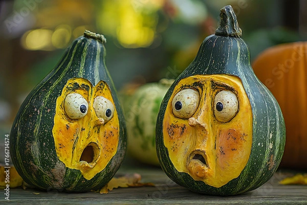 Obraz Shocked Gourds with Carved Faces – Dramatic Autumn Expression.