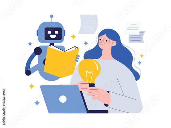 Fototapeta Ai robot assistant holding book and learning from data. Vector art of woman with robot reading a book. vector illustration