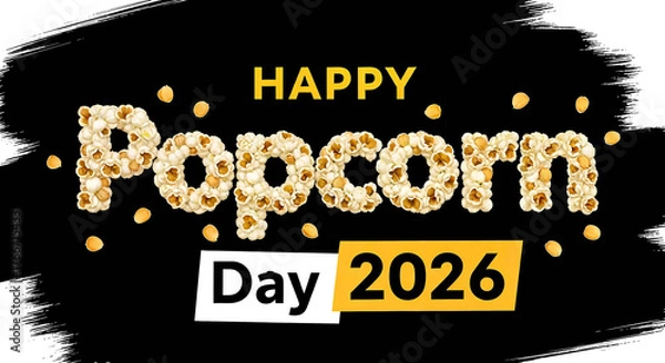 Fototapeta Happy popcorn day 2026 text made of popcorn on a black background