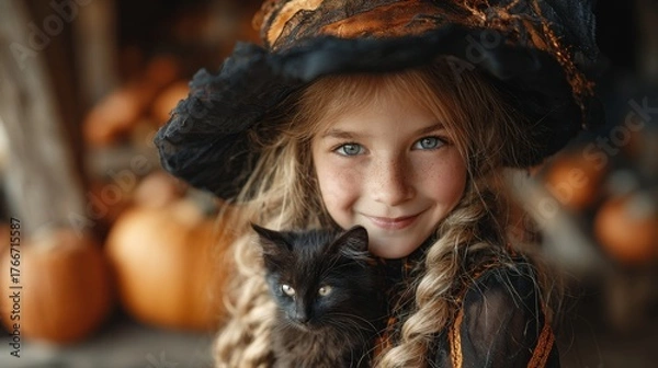 Fototapeta A young Caucasian girl with long blonde hair wears a witch costume and a black hat. She holds a small black kitten. Pumpkins are in the Halloween background.