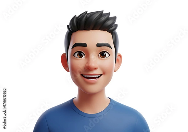 Fototapeta Smiling young man with short dark hair in blue t-shirt 3d render isolated on transparent background