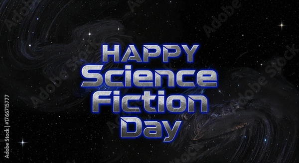 Fototapeta Happy science fiction day text with stars and nebula background
