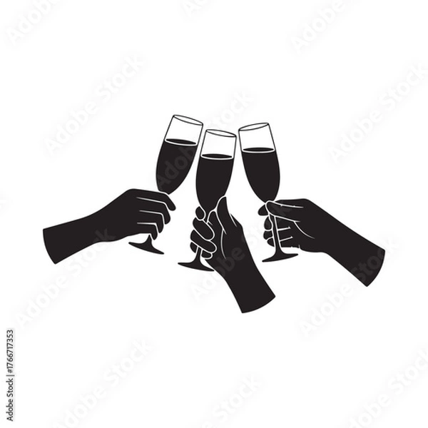 Fototapeta three hands in silhouette clinking glasses of red wine in a toast