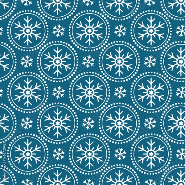 Obraz Christmas Seamless Pattern with Snowflakes in Dotted Circles on Blue