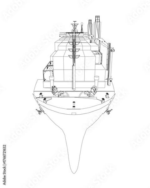 Fototapeta Container ship contour drawing on white background features detailed hull, deck, and cargo sections. This clean line art is ideal for maritime designs. Front view