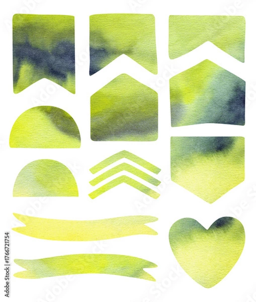 Obraz Collection of hand-painted watercolor shapes in green and yellow tones. Abstract banners, badges, ribbons, and heart shapes with natural paper texture.