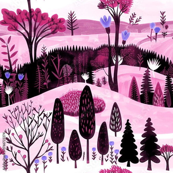 Obraz Vivid portrayal of a stylized landscape with vibrant pink hues and whimsical flora