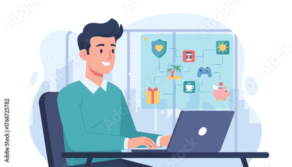 Fototapeta Man working on laptop with employee benefits concept icons displayed on screen: insurance shield, paid vacation island, gift box, coffee cup, gaming controller, and piggy bank with wings