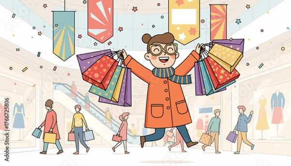 Fototapeta Joyful cartoon shopper with glasses and scarf, gleefully holding numerous colorful shopping bags in a bright, modern shopping mall with escalators, display windows, and other shoppers, conveying