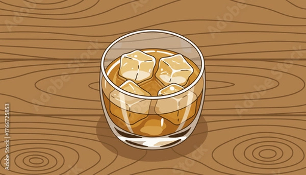Fototapeta A refreshing glass of amber whiskey filled with ice cubes, presented on a warm, textured wooden background, evoking a sense of relaxation and classic enjoyment, perfect for bar or beverage-themed