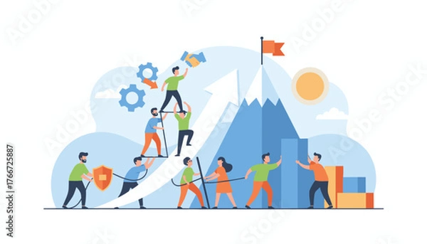 Fototapeta Goal-focused teamwork and motivation leading to success, depicted as a team climbing a mountain with a flag at the summit, symbolizing achievement and progress, with gears and a handshake