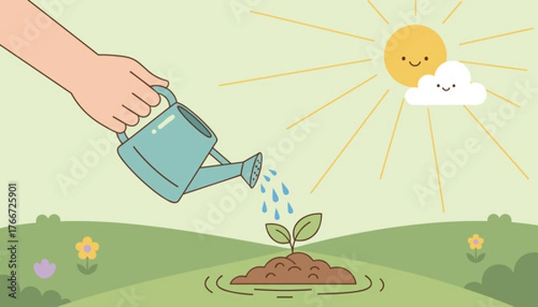 Fototapeta A gentle hand waters a tiny green sprout emerging from rich soil, bathed in the warm glow of a smiling sun and fluffy cloud, symbolizing growth, nurturing, and the beauty of nature's cycle in a