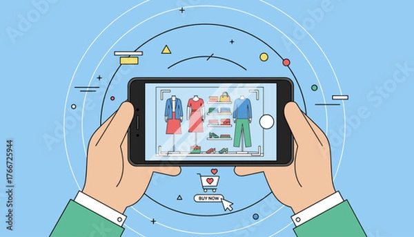Fototapeta Hands holding a mobile smartphone, displaying an online clothing store interface with mannequins, dresses, shirts, pants, bags, and shoes, with a shopping cart and 'Buy Now' button, illustrating