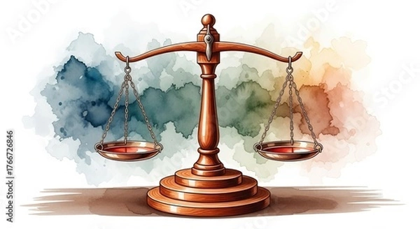 Fototapeta Watercolor scales of justice artfully balances on a tiered stand, evoking equilibrium and fairness.