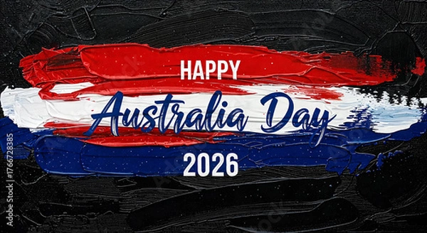 Fototapeta Happy australia day 2026 painted with red, white, and blue brush strokes on a black textured background