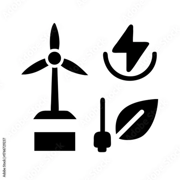 Fototapeta Vector art of illustration showcasing sustainable energy sources a wind turbine, a lightning bolt, a plug, and a leaf symbolize renewable power and environmental consciousness