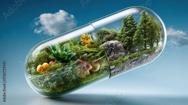 Fototapeta Miniature ecosystem inside capsule environmental illustration