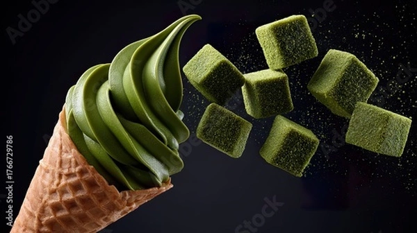 Obraz Green tea ice cream cone and matcha cubes on dark background