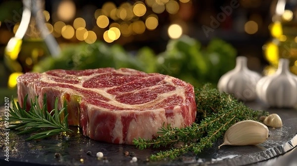 Fototapeta Raw beef steak with herbs and garlic on a dark surface