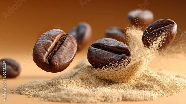 Obraz Roasted coffee beans in sand with dynamic light