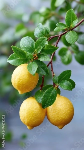 Fototapeta Macro Shot Of A Ripe Yellow Lemon Hanging On A Leafy Tree Branch With Water Droplets In Natural Light