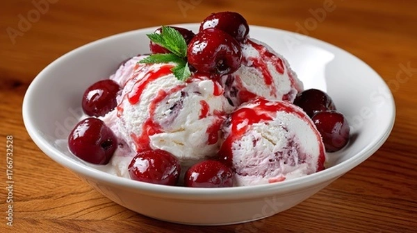 Obraz Ice cream dessert with fresh cherries in a white bowl