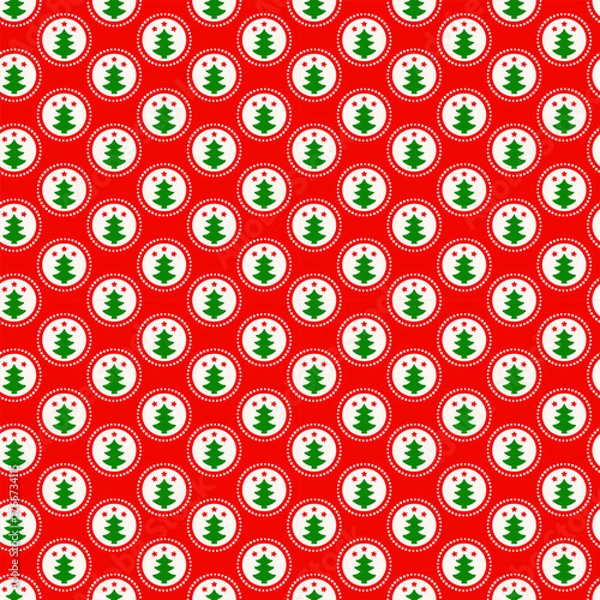 Obraz Christmas Tree Badges Seamless Pattern on Red Background