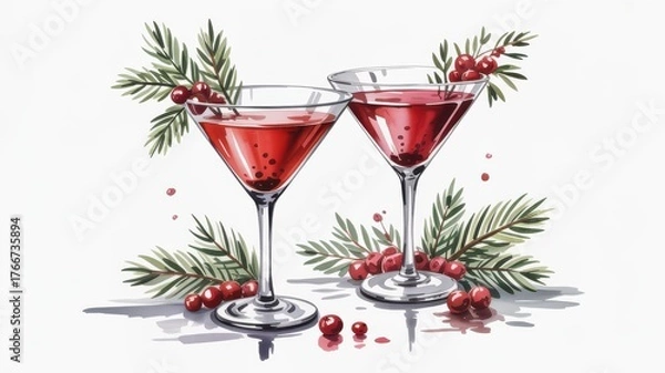 Obraz Two festive cranberry cocktails with evergreen sprigs isolated on white background