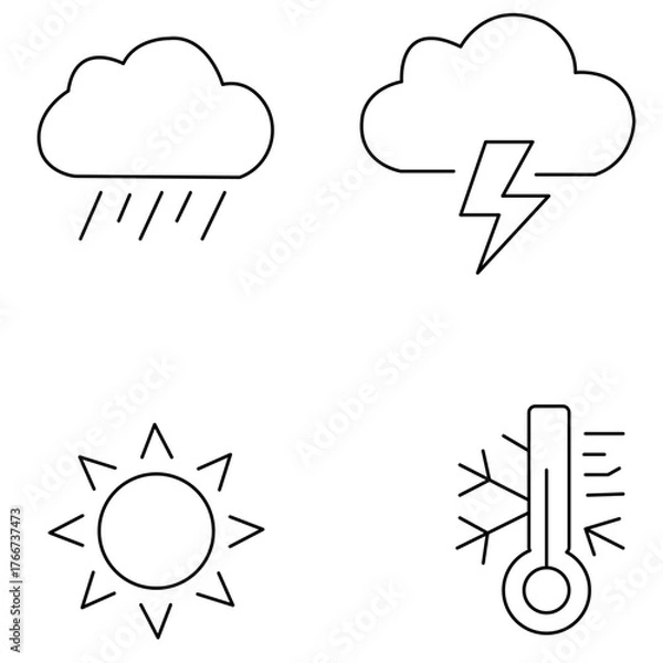 Obraz Weather line icon set – rain cloud, thunderstorm, sun, and temperature thermometer symbols
