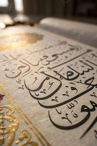 Fototapeta Close up of arabic calligraphy on an old manuscript page