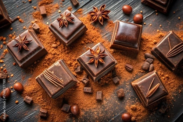 Obraz Delicious dark chocolate pieces with star anise on a wooden table