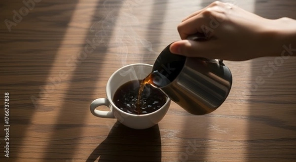 Fototapeta Pouring hot coffee into a cup on wooden table, close-up of hands holding cup and metal pot, morning routine concept with steam aroma, cozy lifestyle photography, warm natural light and relaxation mood