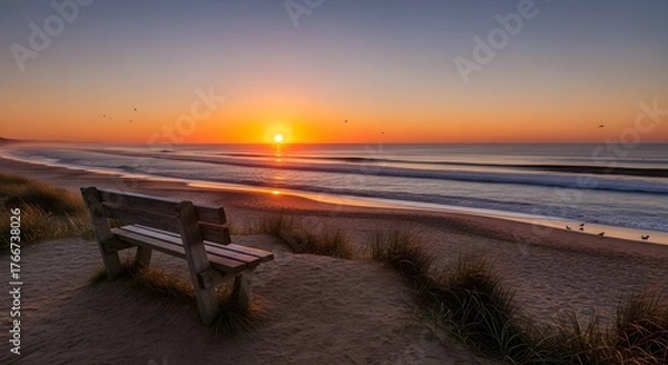 Fototapeta Beautiful beach sunset landscape with wooden bench on sand dune, golden sunlight reflecting on calm sea waves, peaceful evening horizon, nature travel background, serene coastal scenery at twilight
