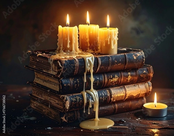 Fototapeta Bougies fondues, livres anciens, ambiance gothique, décor mystique, Halloween vintage, lumière tamisée, cire fondue, photographie artistique, atmosphère ancienne, vieux papier, magie, charme du passé,