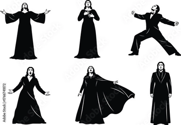 Obraz Opera singer silhouette, dramatic stage pose, passionate vocal gesture, black figure art, theatrical emotion, elegant costume, expressive performance